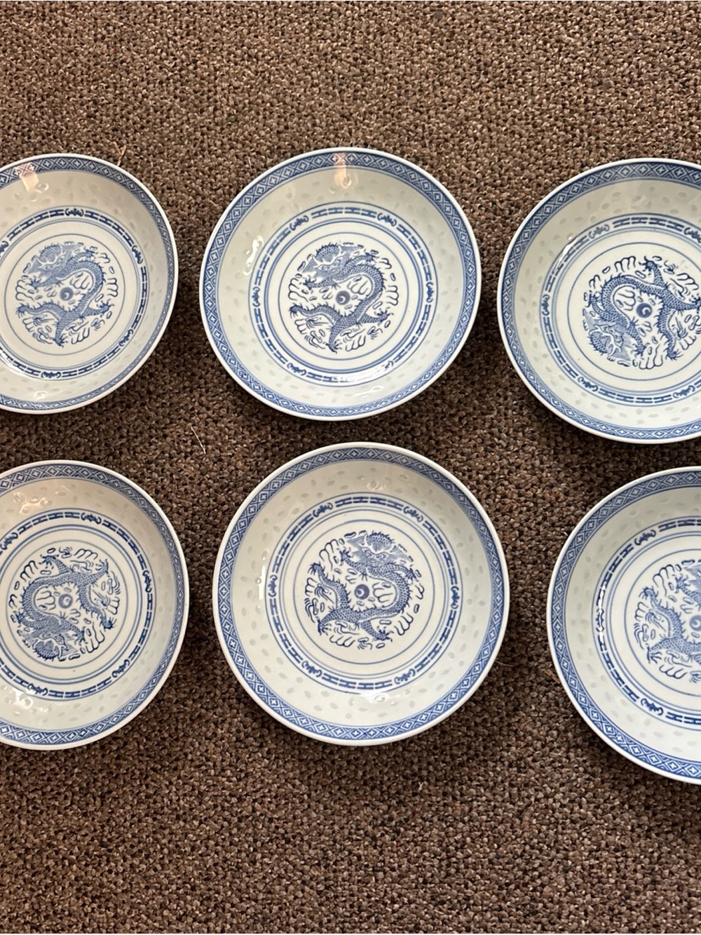 6 Vintage Jingdezhen China Porcelain Rice Eye Blue/White  Dragon 7” Diameter